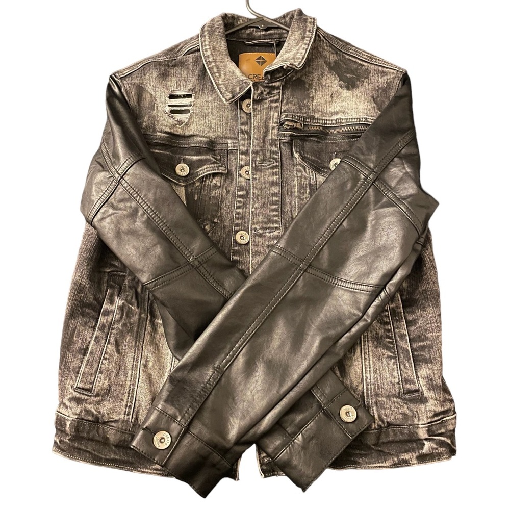 Create 2MRW Rip&Repair/Faux Leather Trim Denim Jacket